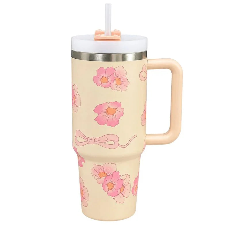 Beige Flower Stainless Steel Tumbler