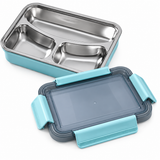 Blue 3-compartment stainless steel lunch box with locking lid