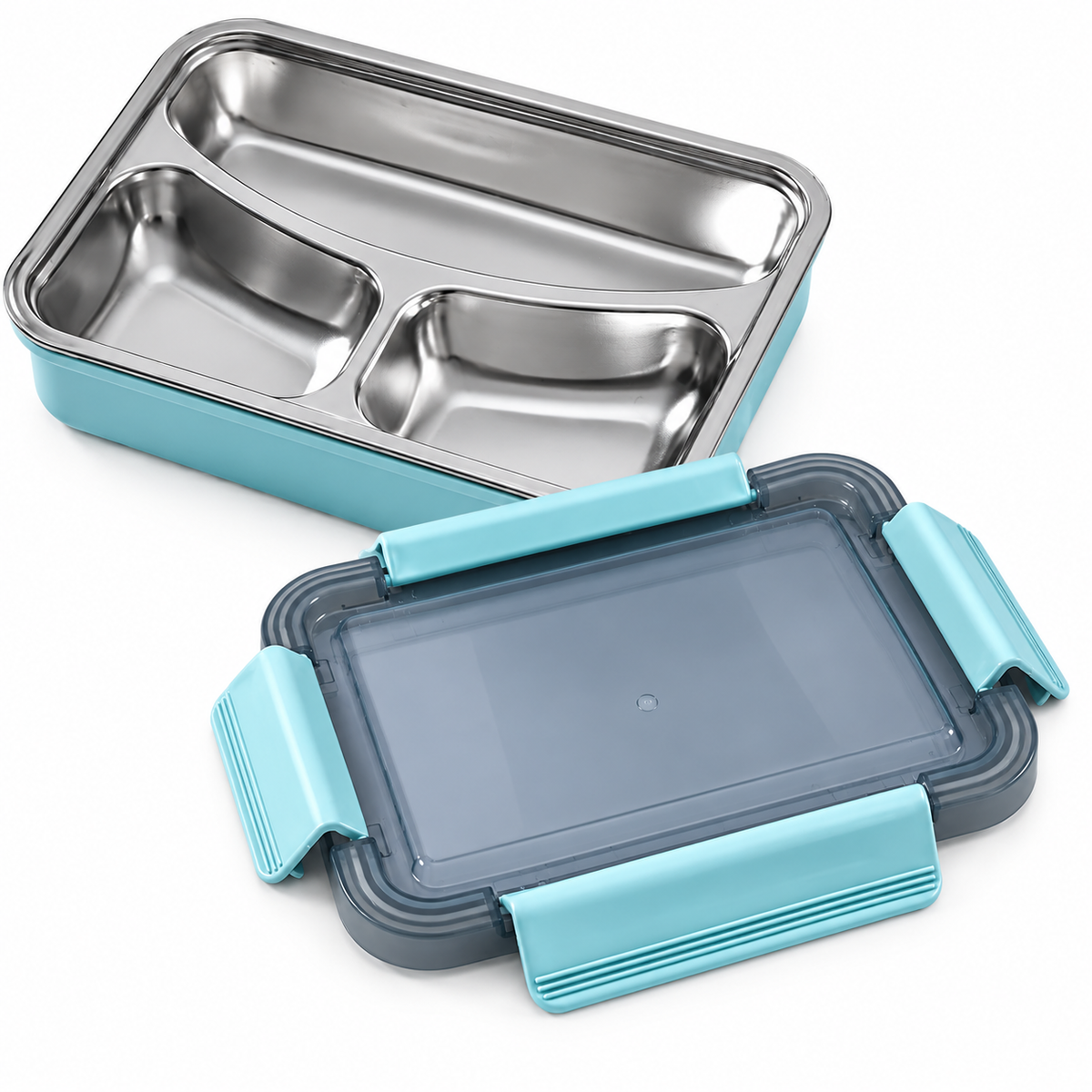 Blue 3-compartment stainless steel lunch box with locking lid