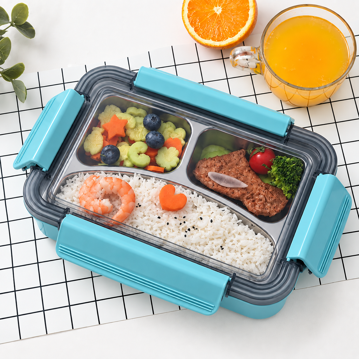 Blue 3-compartment stainless steel lunch box with locking lid 2