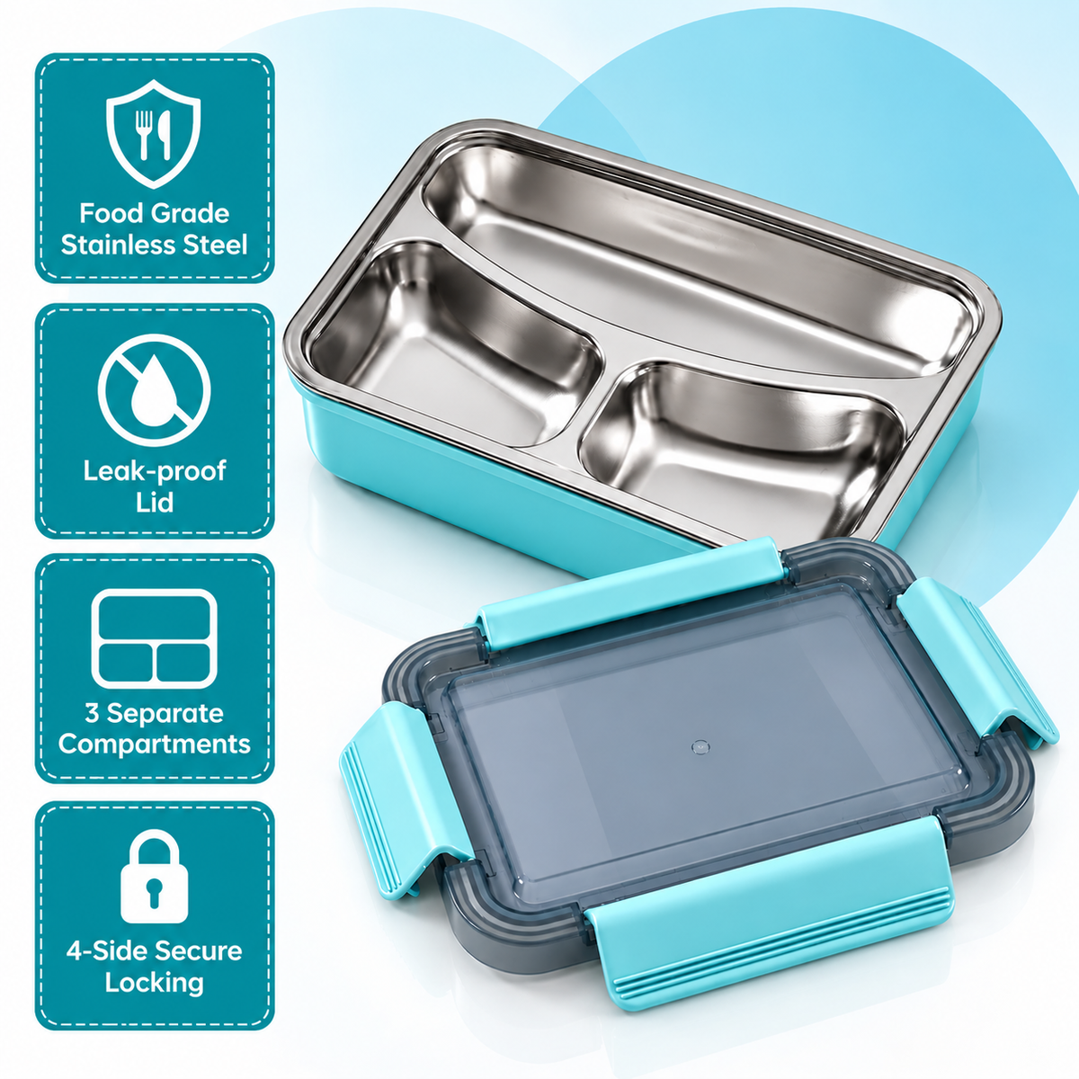 Blue 3-compartment stainless steel lunch box with locking lid 3
