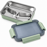Green 3-compartment stainless steel lunch box with locking lid