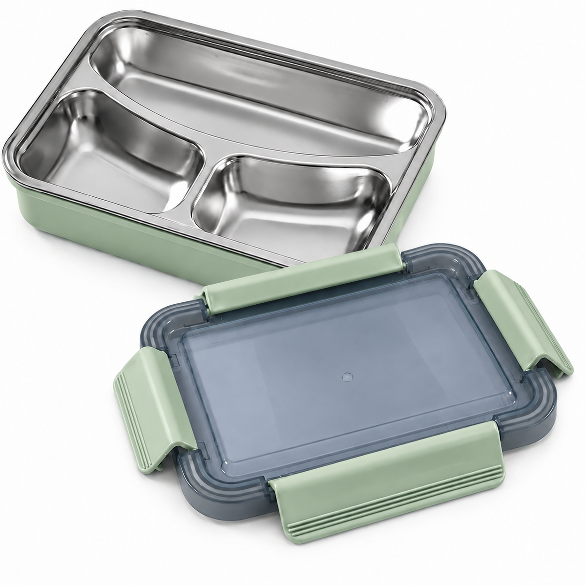 Green 3-compartment stainless steel lunch box with locking lid
