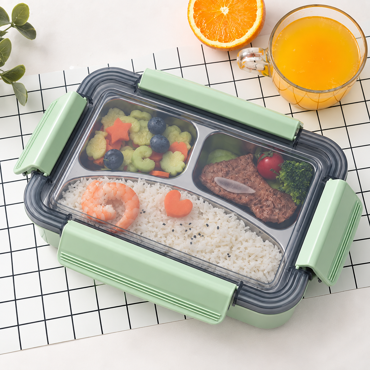 Green 3-compartment stainless steel lunch box with locking lid 2
