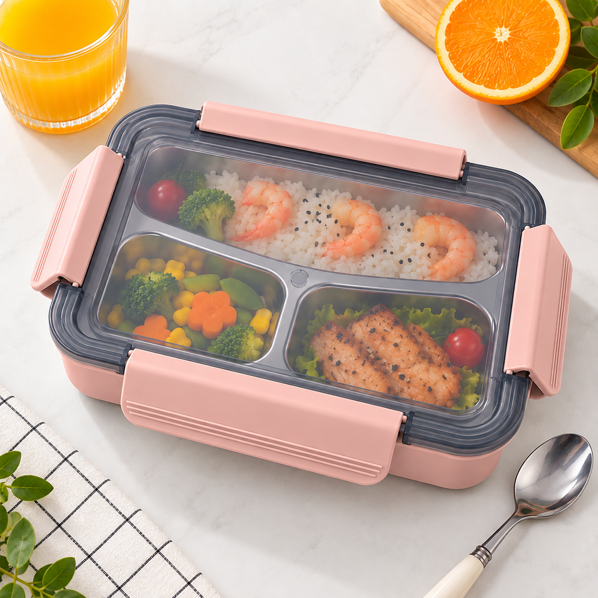 Pink 3-compartment stainless steel lunch box with locking lid 2