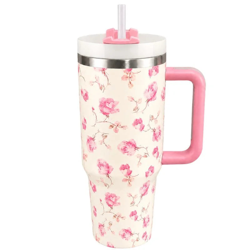 Beige Pink Floral Stainless Steel Tumbler