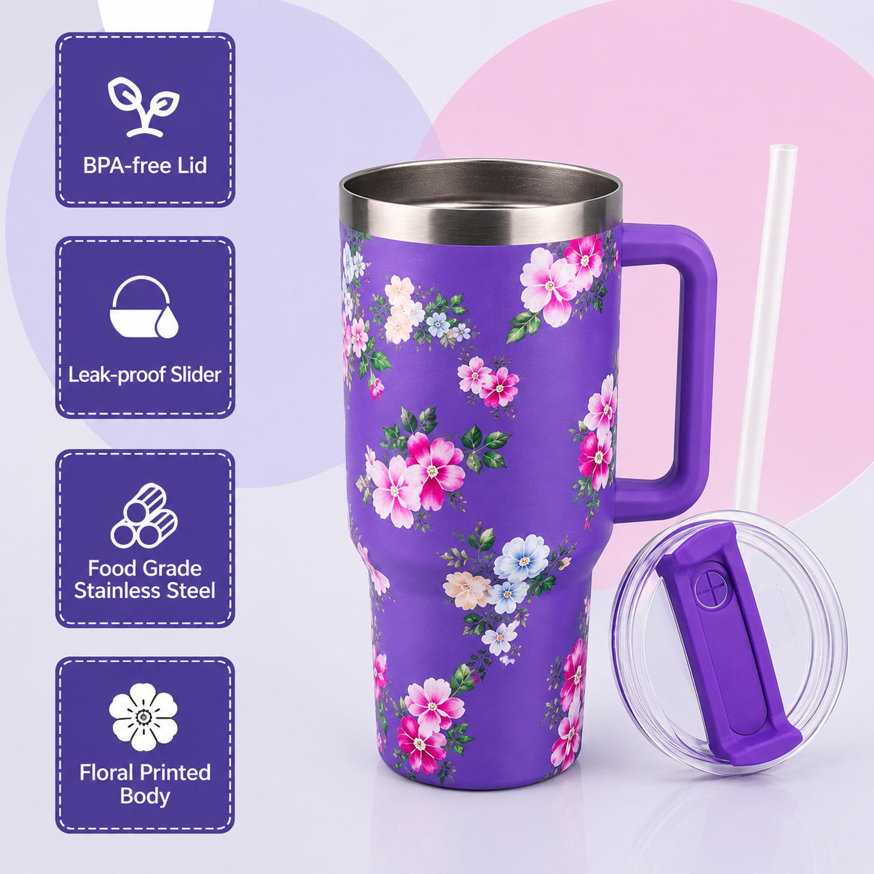 Purple Floral  Stainless Steel Tumbler