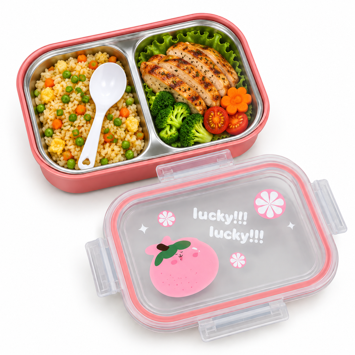 Pink kids stainless steel lunch box with two compartments and spoon