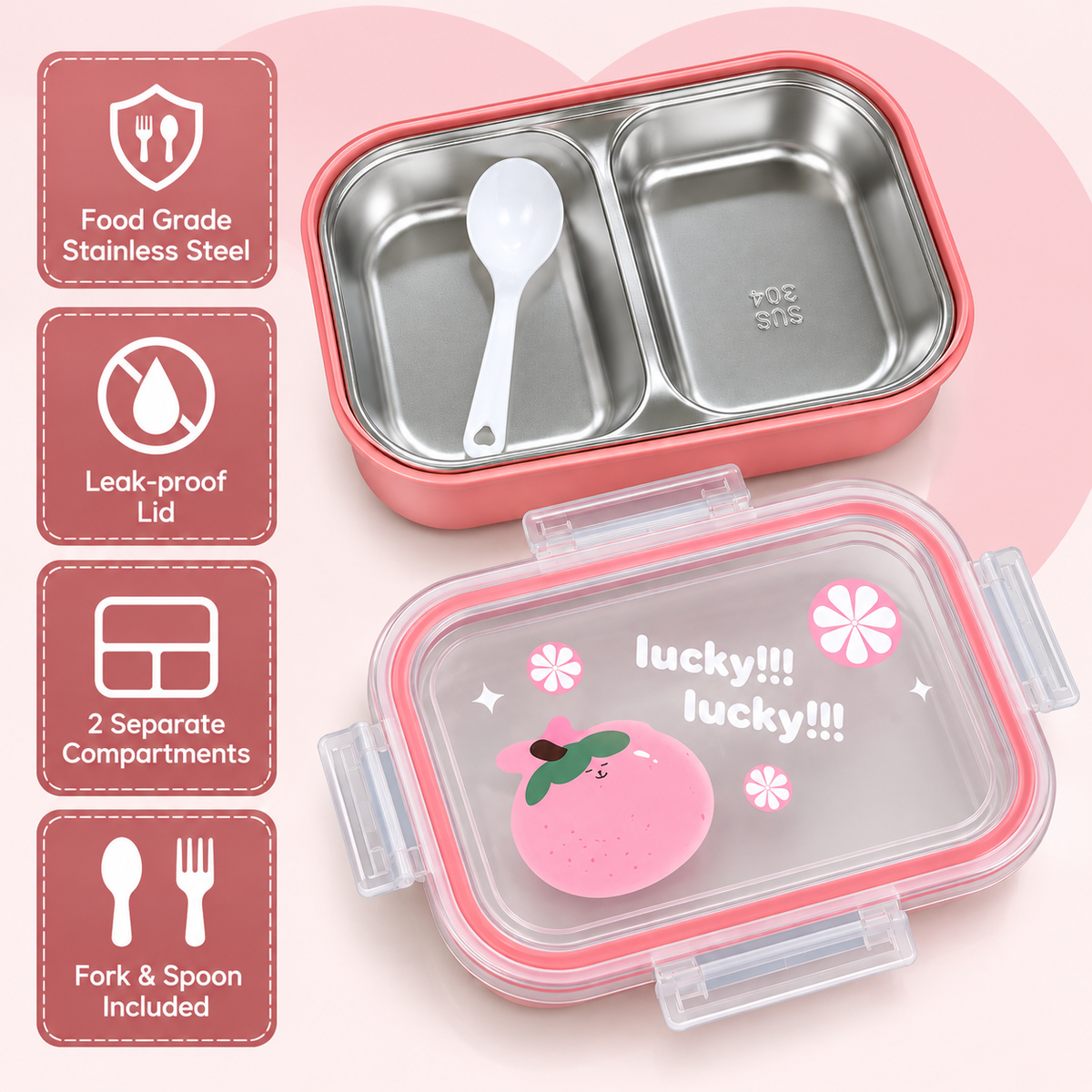 Pink kids stainless steel lunch box with two compartments and spoon 2