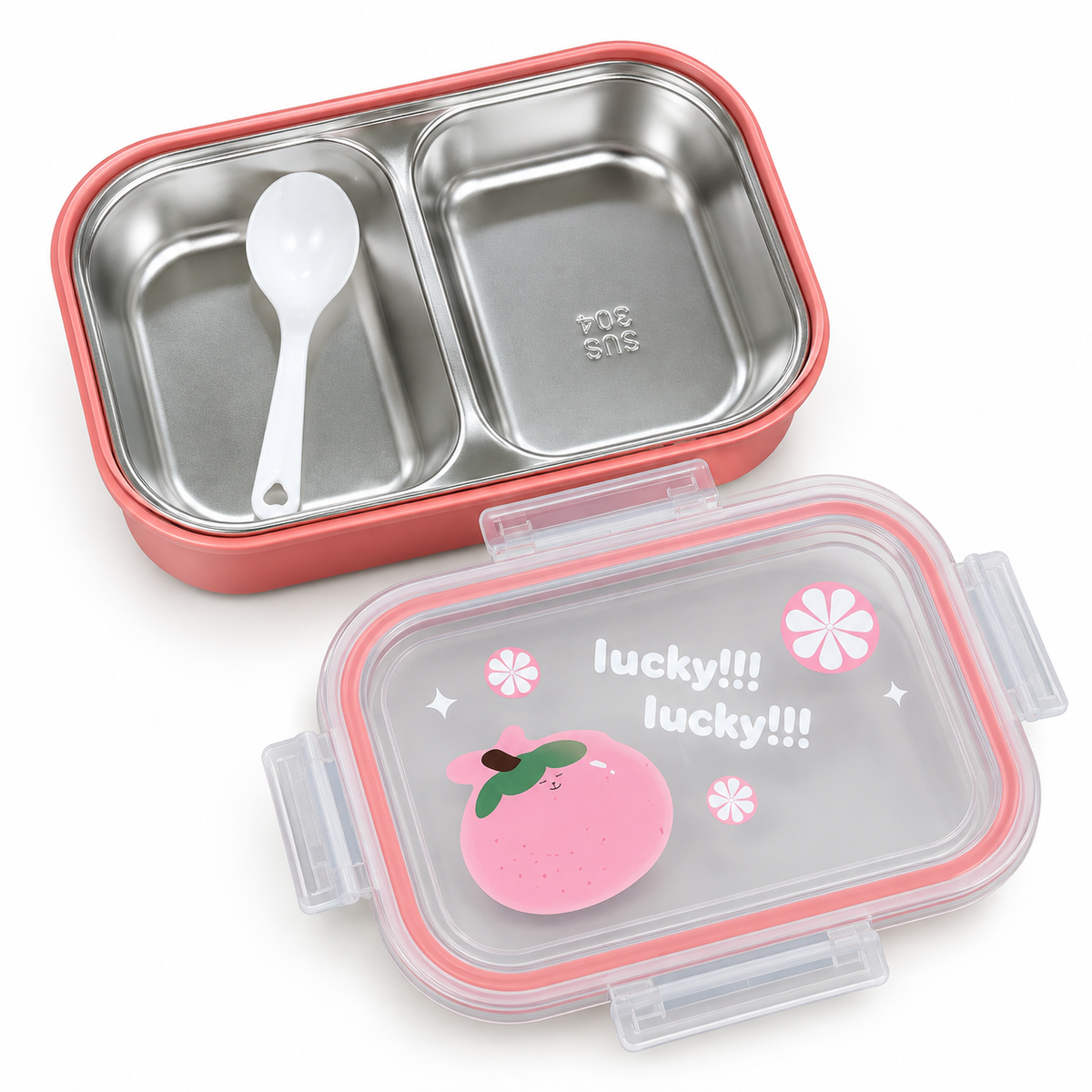 Pink kids stainless steel lunch box with two compartments and spoon 3