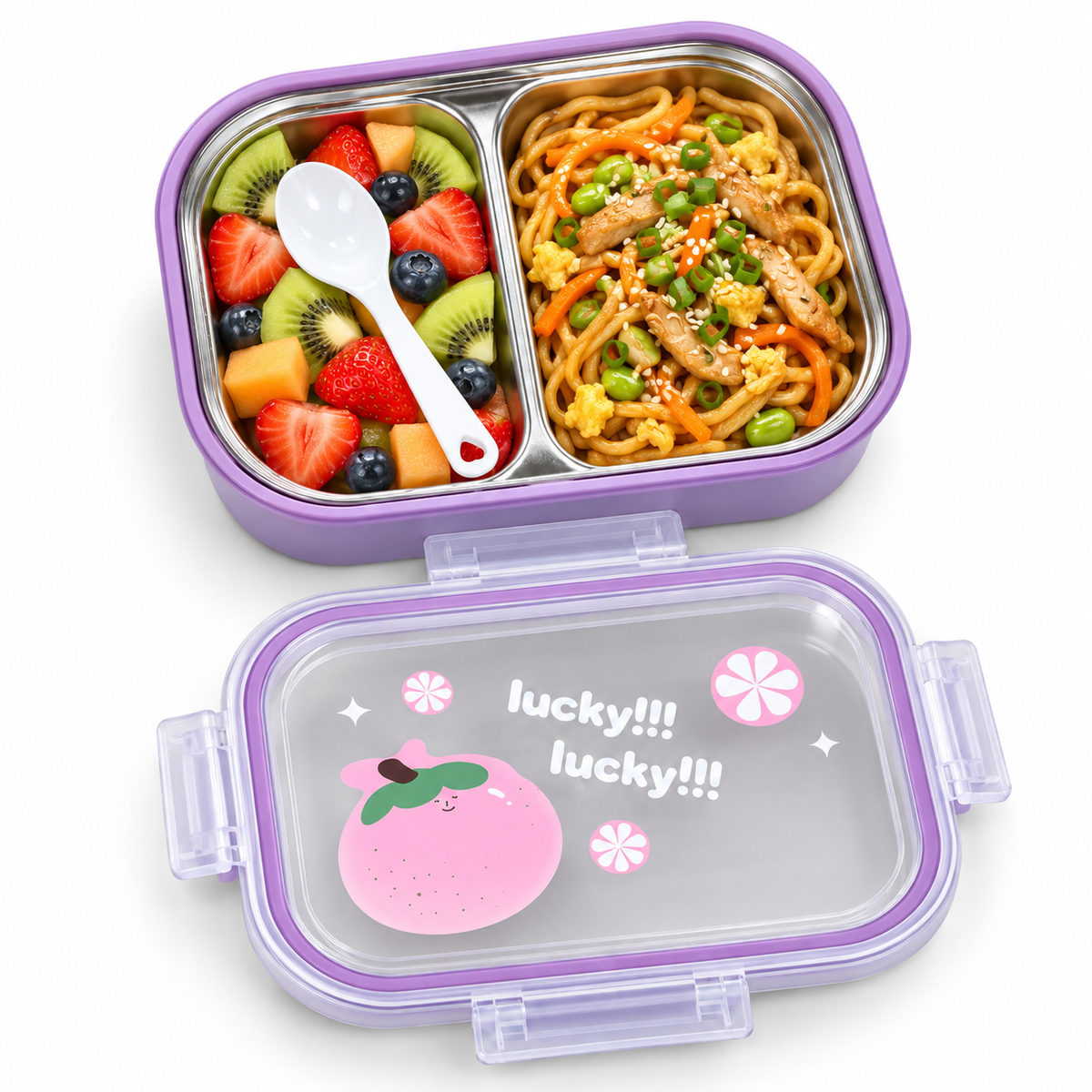 Purple kids stainless steel lunch box with two compartments and spoon 2