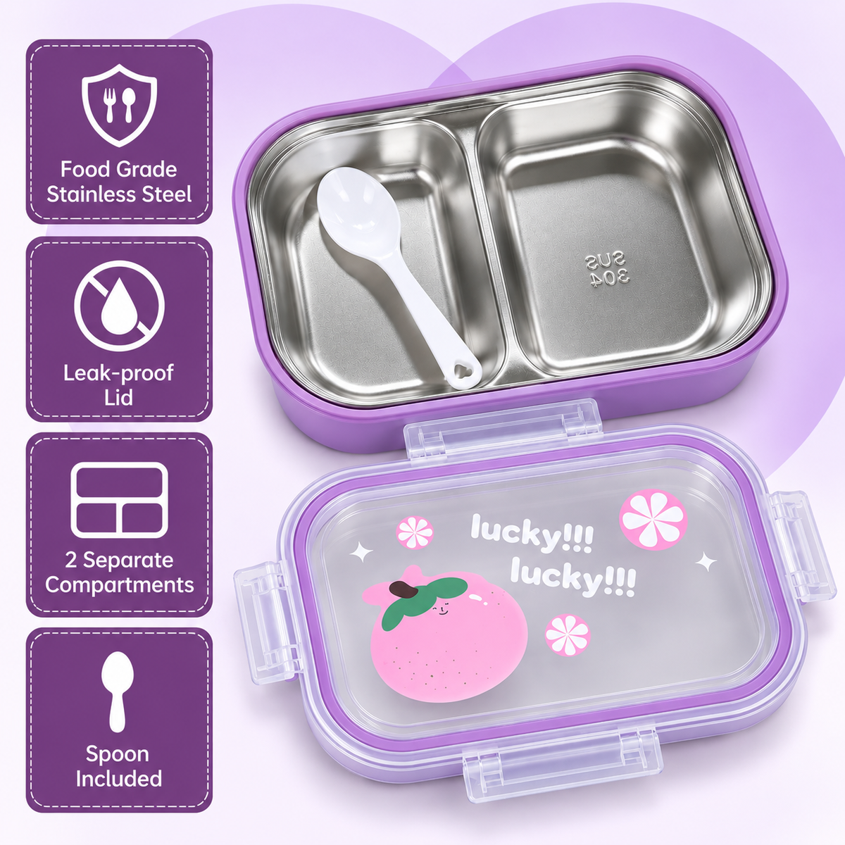 Purple kids stainless steel lunch box with two compartments and spoon 3