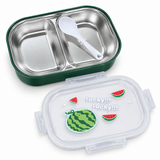 Green kids stainless steel lunch box with two compartments and spoon