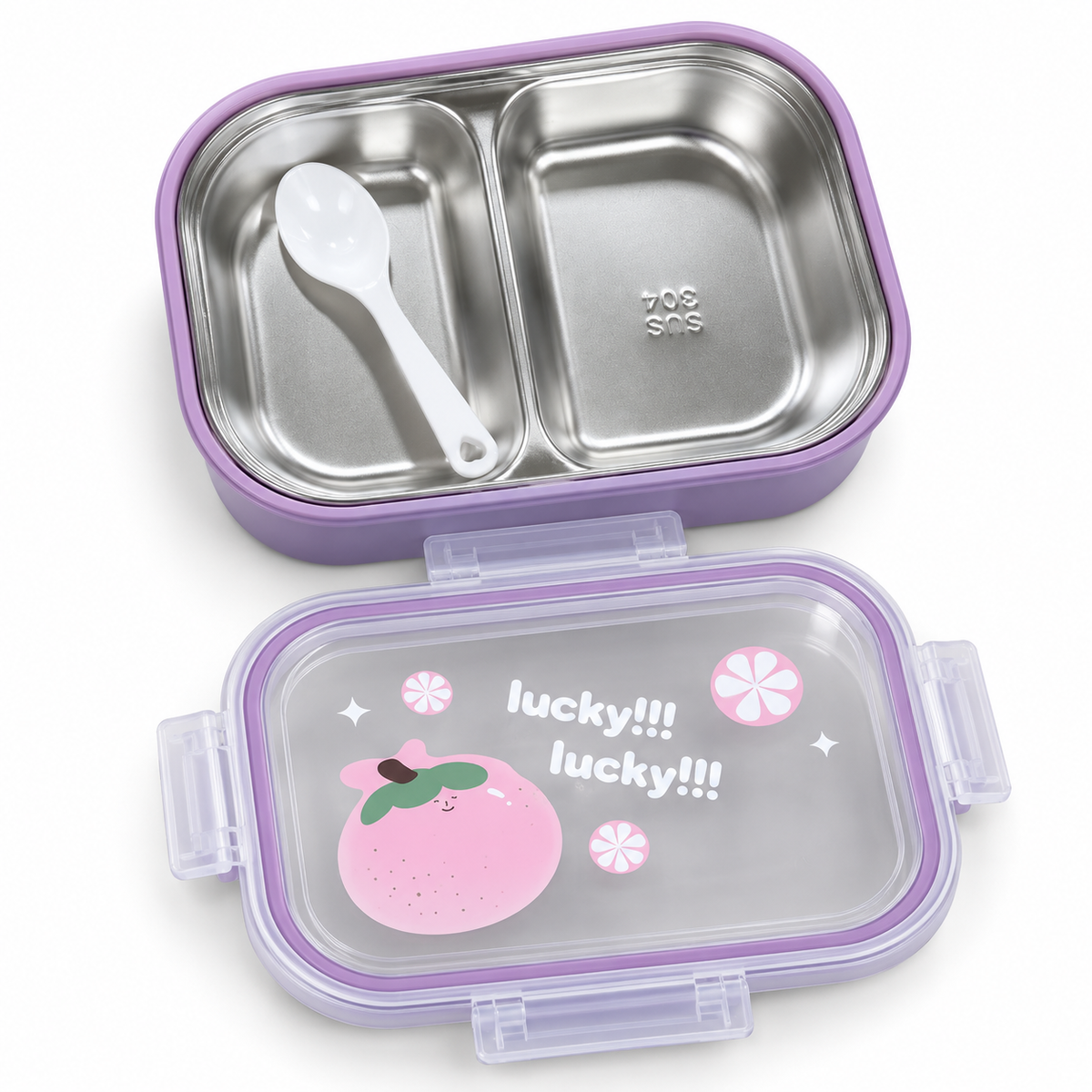 Purple kids stainless steel lunch box with two compartments and spoon