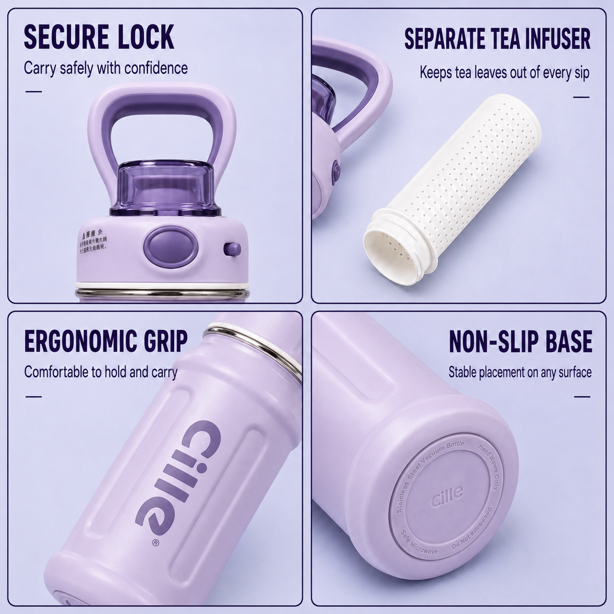 Purple insulated water bottle features including secure lock, tea infuser, ergonomic grip and non-slip base.