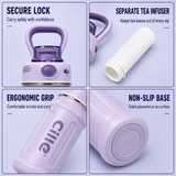 Purple insulated water bottle features including secure lock, tea infuser, ergonomic grip and non-slip base.