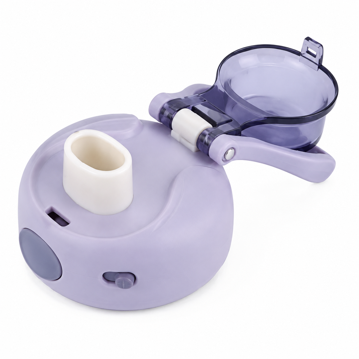 Close-up of Purple insulated water bottle lid with drinking spout and protective flip cover