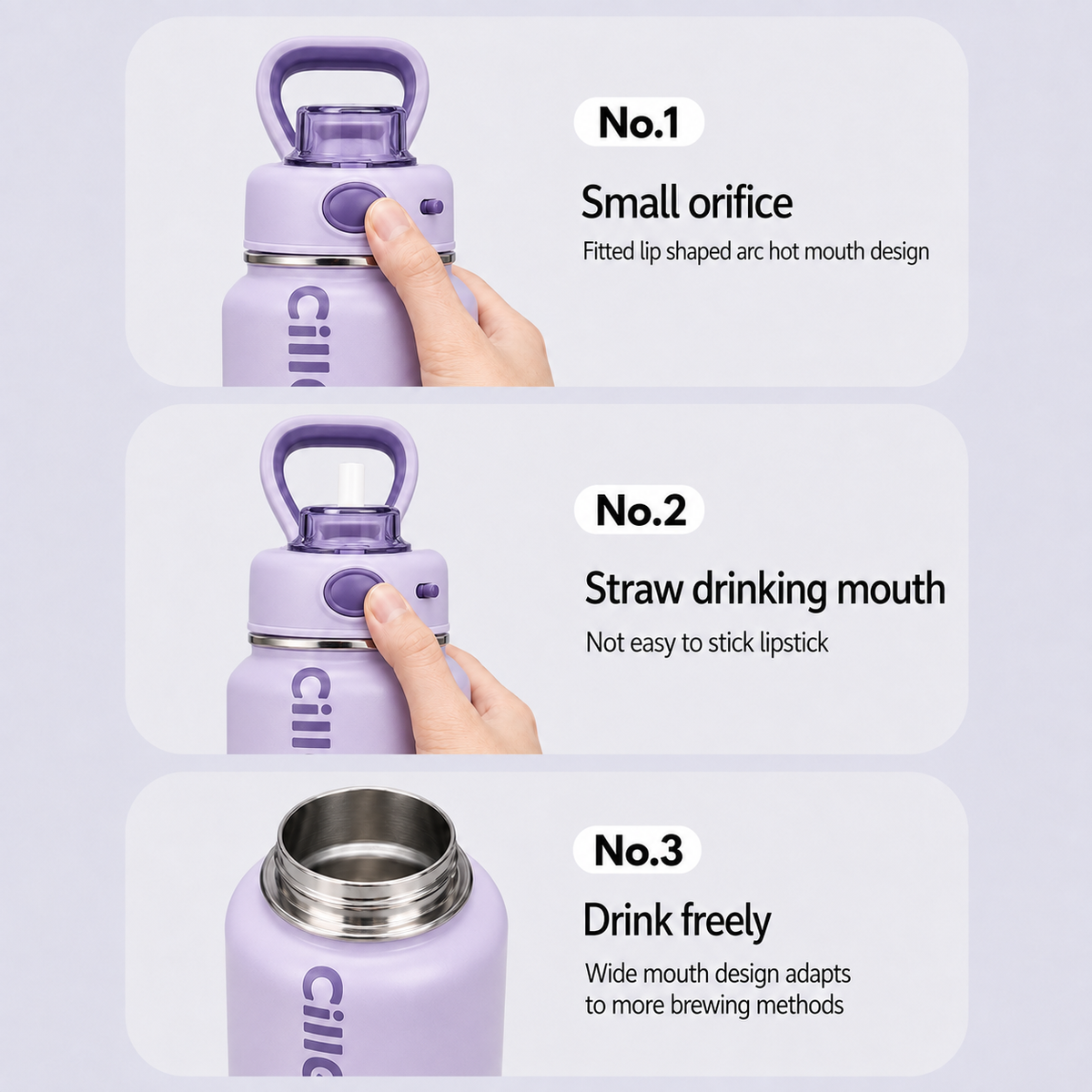 Purple insulated water bottle with direct sipping spout, straw opening and wide-mouth drinking options