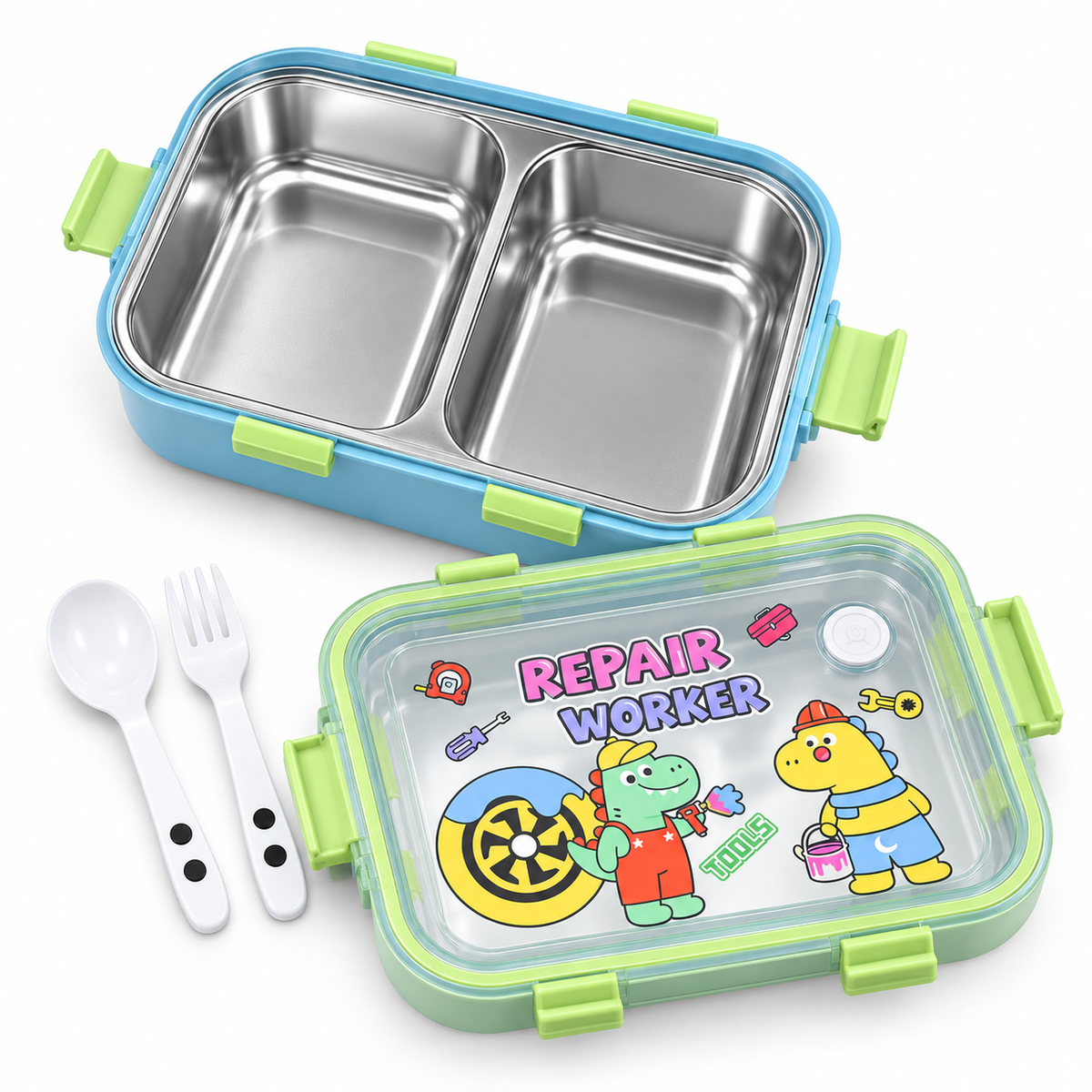 Kids repair worker stainless steel lunch box with spoon and fork