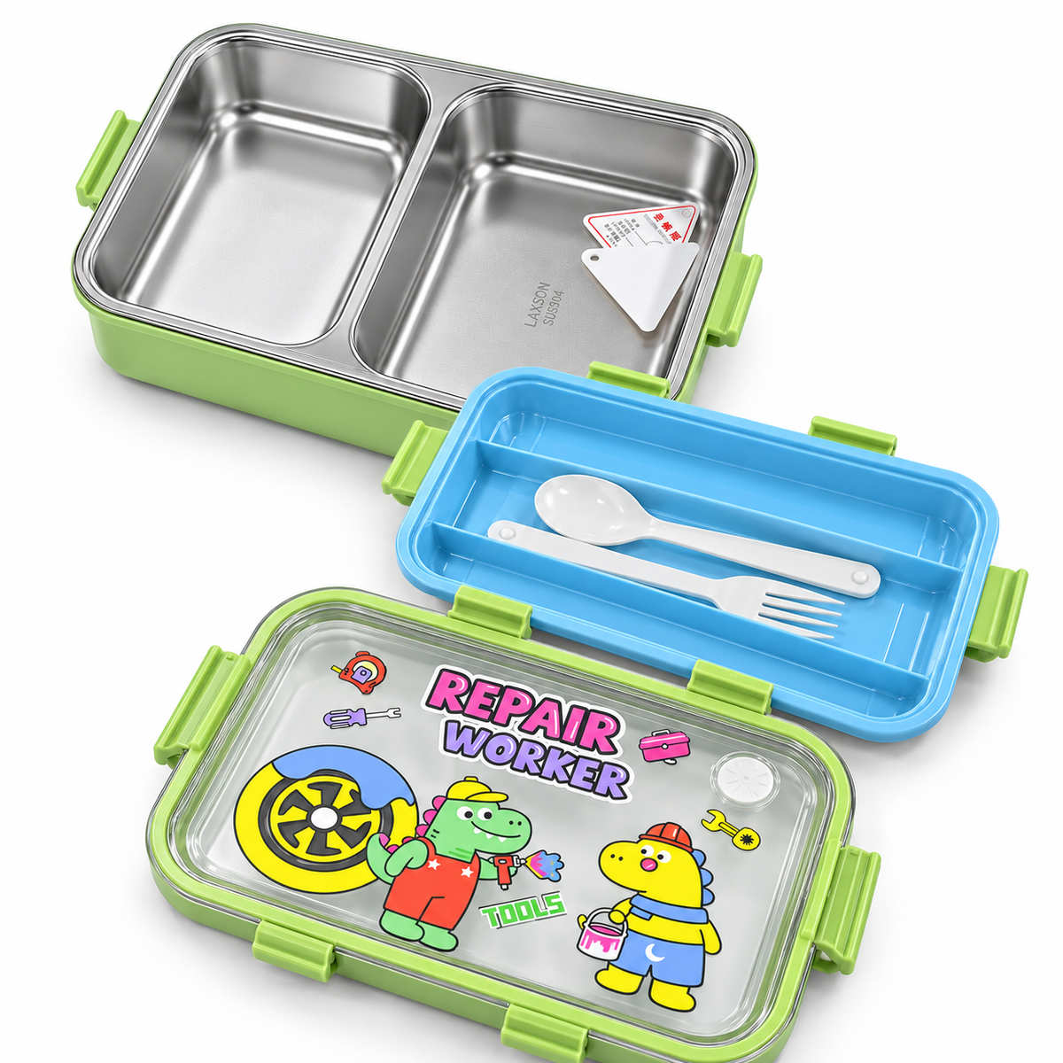Kids repair worker stainless steel lunch box with spoon and fork 2