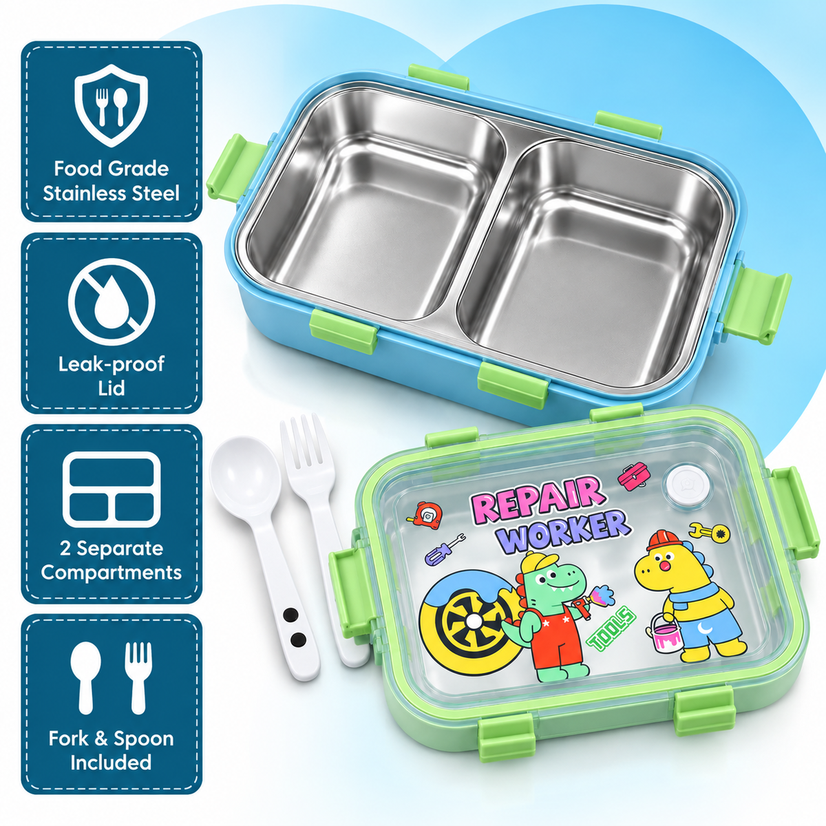 Kids repair worker stainless steel lunch box with spoon and fork 3