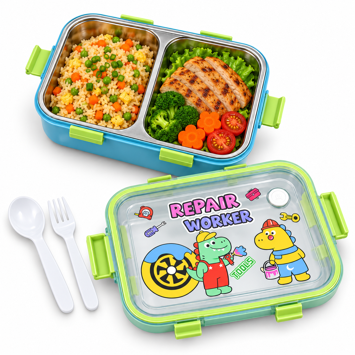 Kids repair worker stainless steel lunch box with spoon and fork-4