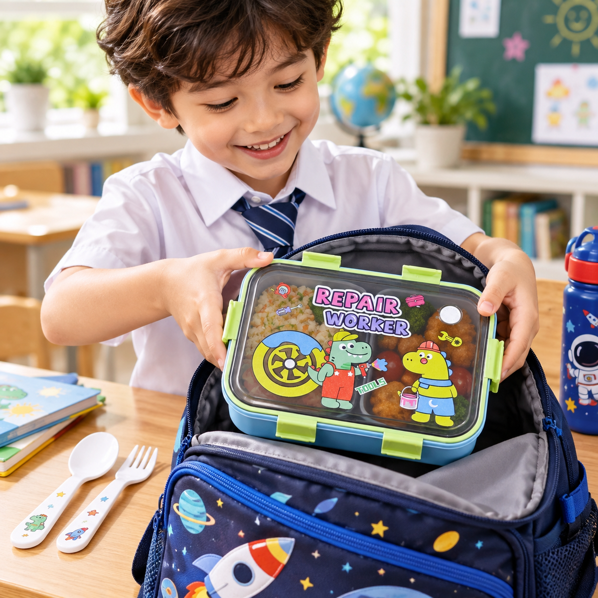 Kids repair worker stainless steel lunch box with spoon and fork 5