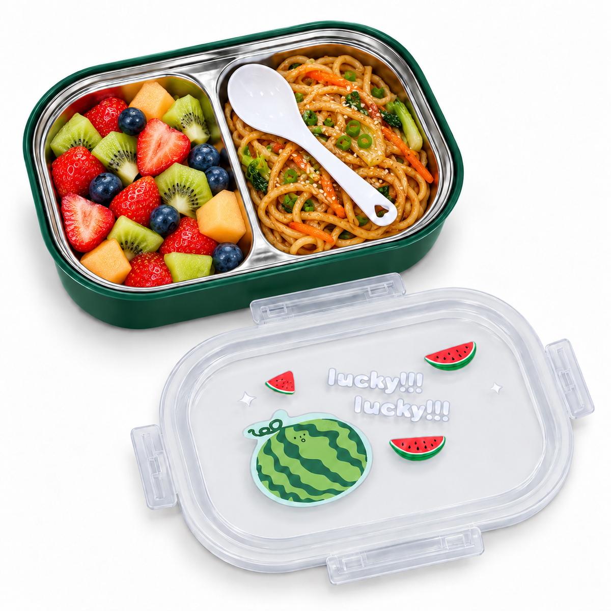 Green kids stainless steel lunch box with watermelon design and spoon 2