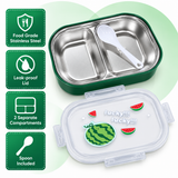 Green kids stainless steel lunch box with watermelon design and spoon