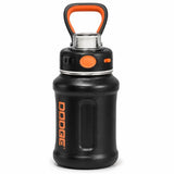 Black insulated stainless steel water bottle with orange carry handle and push-button lid