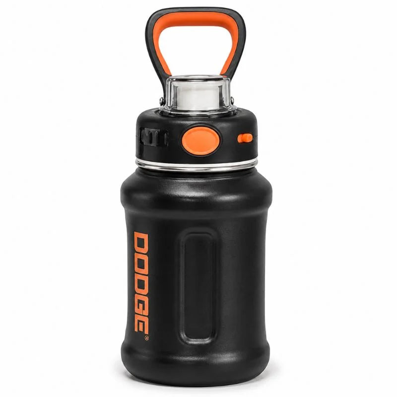 Black insulated stainless steel water bottle with orange carry handle and push-button lid