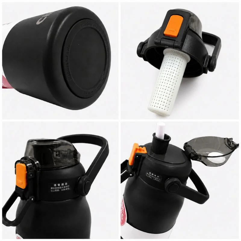 Black insulated water bottle showing leakproof lid, removable filter, drinking straw and carry handle