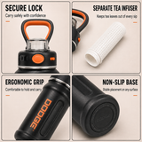 Black insulated water bottle features including secure lock, tea infuser, ergonomic grip and non-slip base