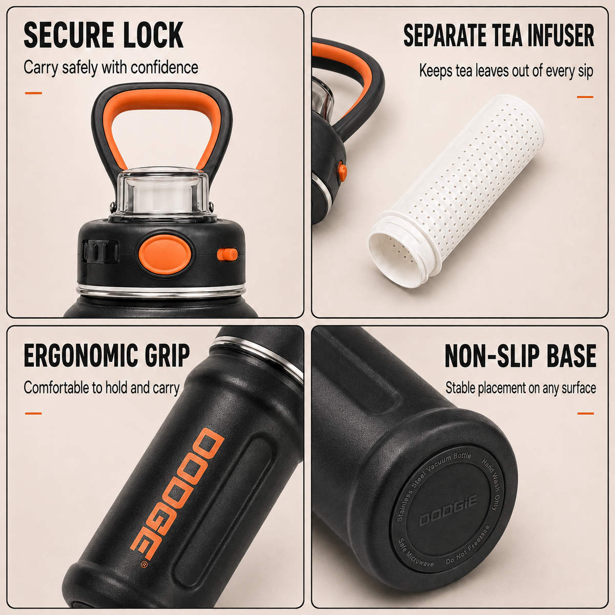 Black insulated water bottle features including secure lock, tea infuser, ergonomic grip and non-slip base