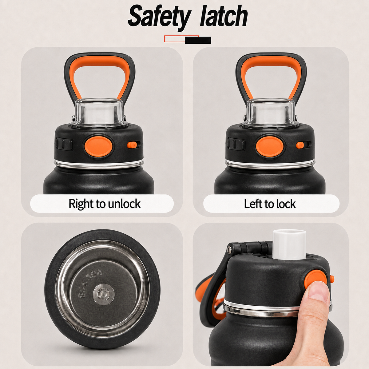 Safety-lock instructions for black insulated water bottle showing lock, unlock and push-button operation