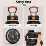 Safety-lock instructions for black insulated water bottle showing lock, unlock and push-button operation