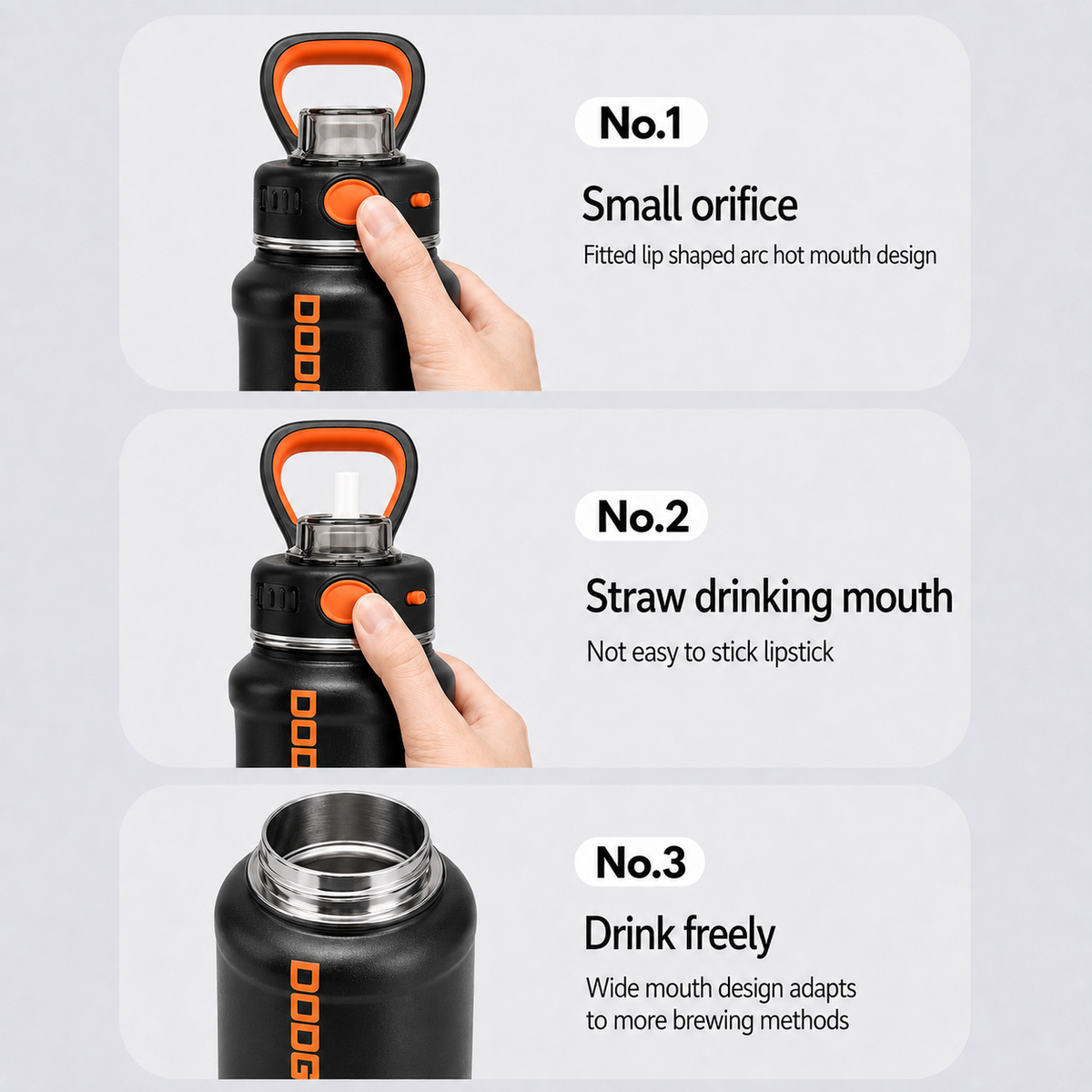 Black insulated water bottle with direct sipping spout, straw opening and wide-mouth drinking options