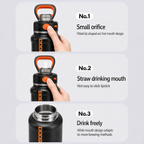 Black insulated water bottle with direct sipping spout, straw opening and wide-mouth drinking options