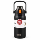 Black stainless steel insulated water bottle with carry handle and leakproof lid