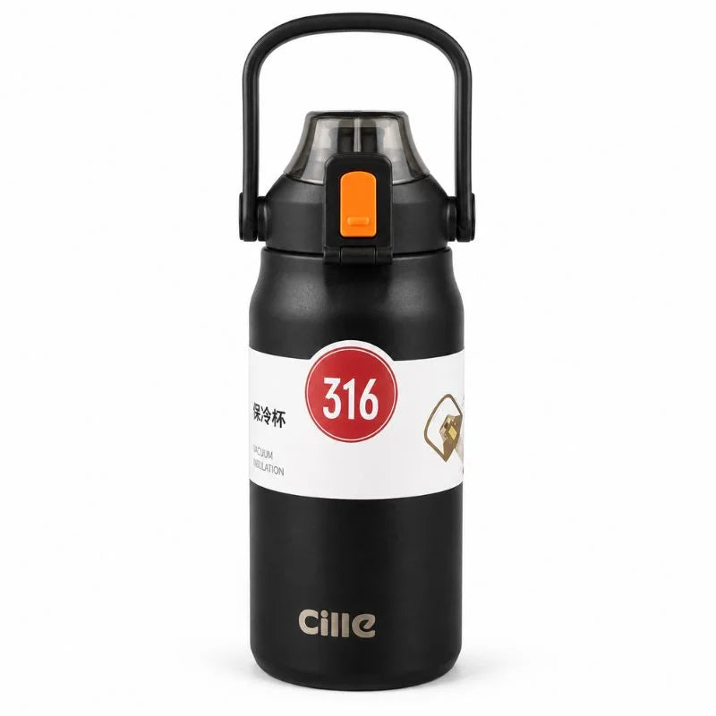 Black stainless steel insulated water bottle with carry handle and leakproof lid