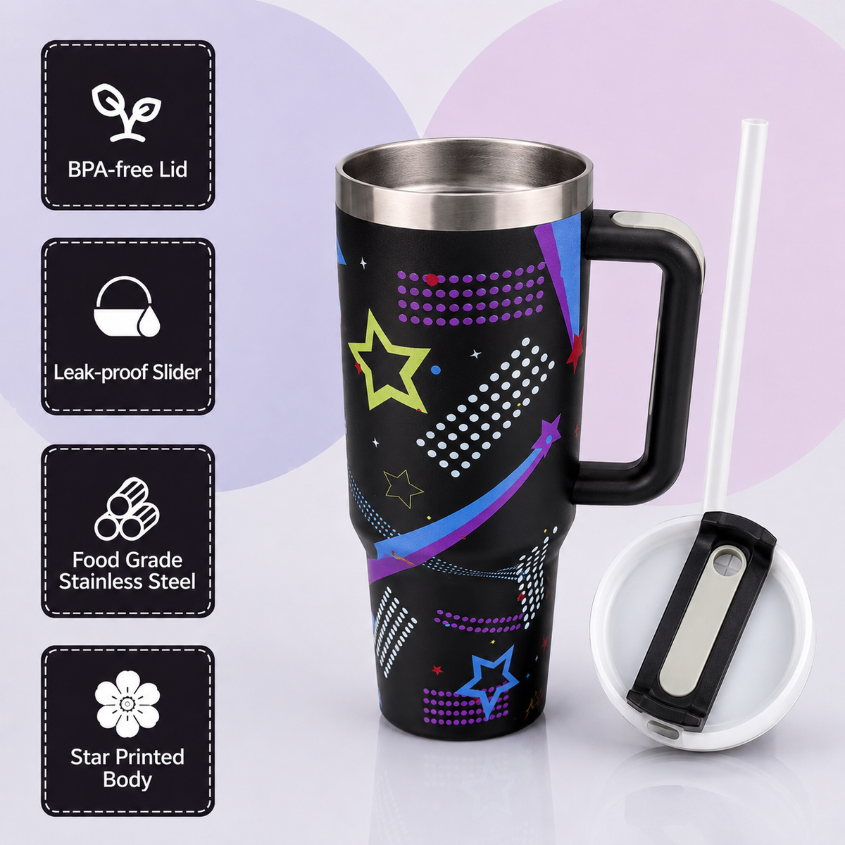 Black stainless steel water tumbler bottle with colourful star design-1
