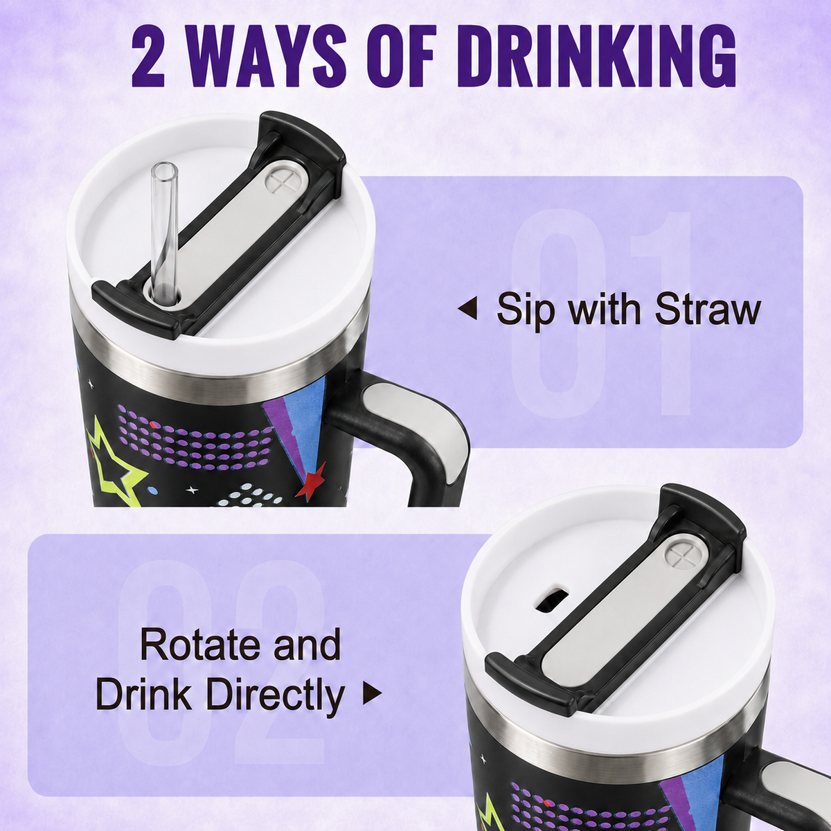 Black stainless steel water tumbler bottle with colourful star design-2
