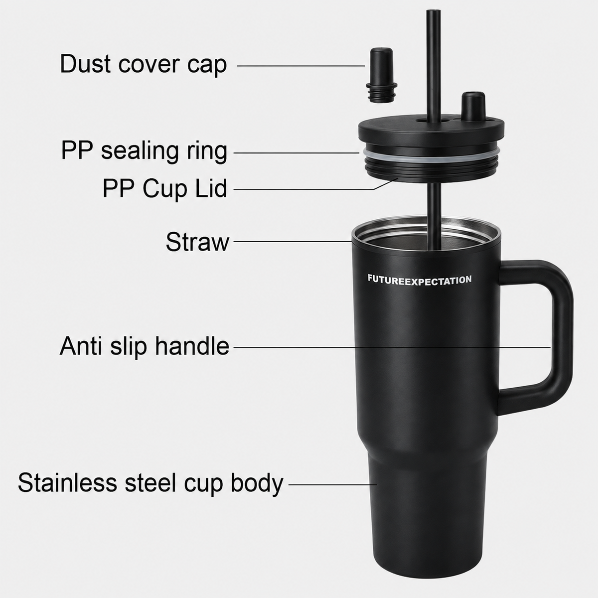 Black stainless steel water tumbler bottle with handle and straw-1