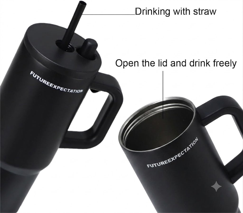Black stainless steel water tumbler bottle with handle and straw-2