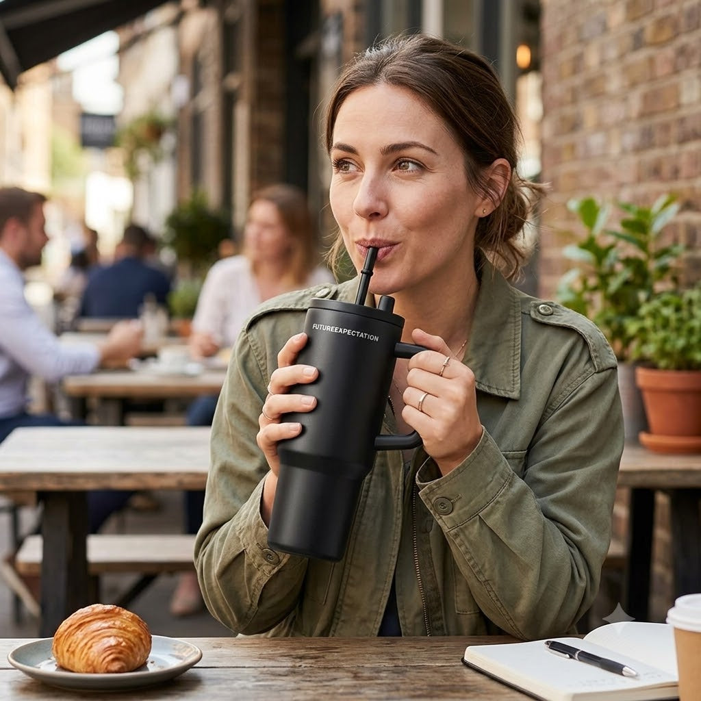 Black stainless steel water tumbler bottle with handle and straw-4