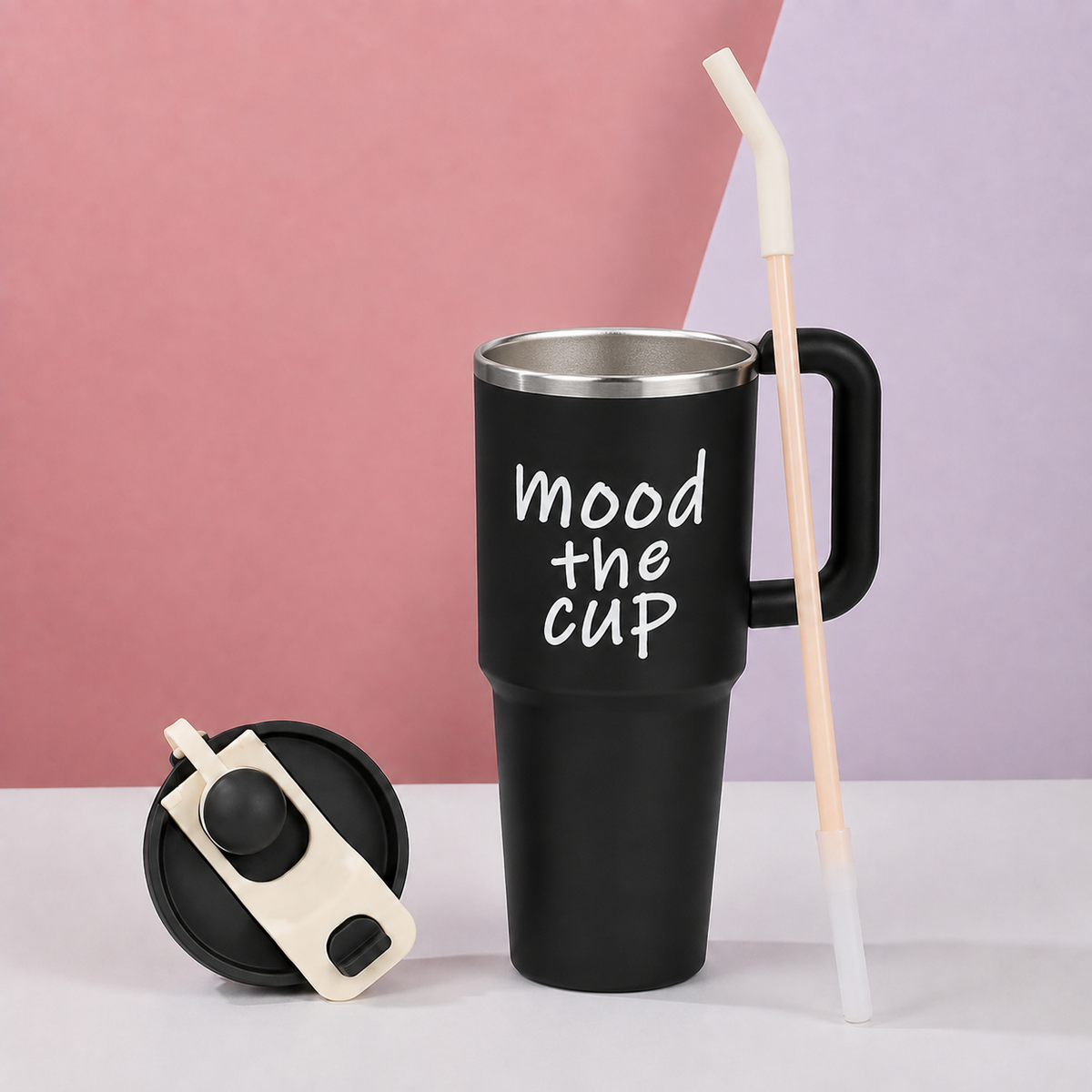 Black stainless steel water tumbler bottle with Mood the Cup design-1