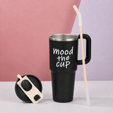 Black stainless steel water tumbler bottle with Mood the Cup design-1