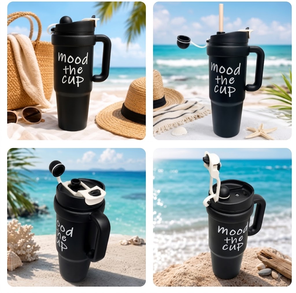 Black stainless steel water tumbler bottle with Mood the Cup design-2