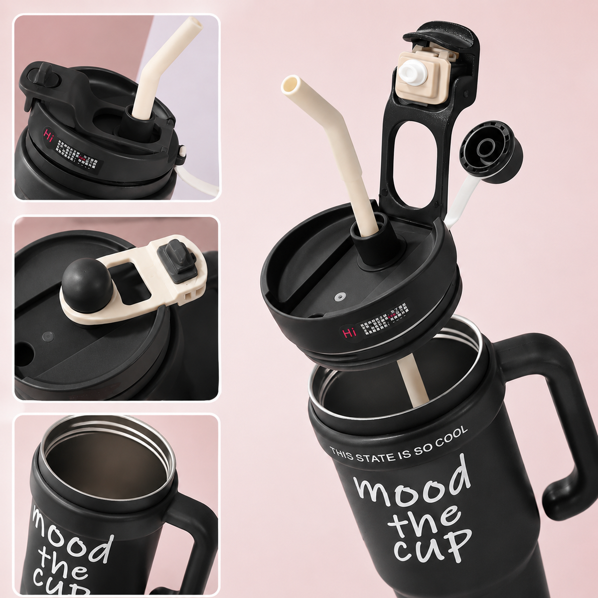 Black stainless steel water tumbler bottle with Mood the Cup design-3