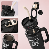 Black stainless steel water tumbler bottle with Mood the Cup design-3